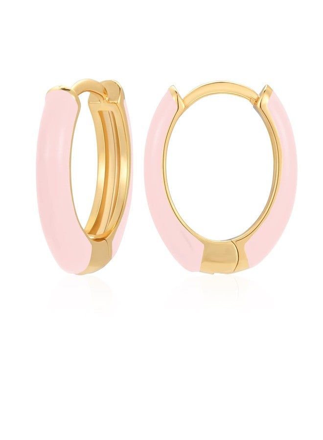 Lourny Small Hoop Earrings for Women, 18K Gold Plated Hypoallergenic Cute Enamel Huggie Earring Gifts for Women (Light Pink) - Image 1
